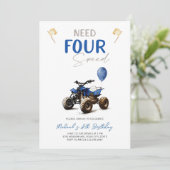 Blue Quad Bike 4e verjaardag uitnodiging (Staand voorkant)