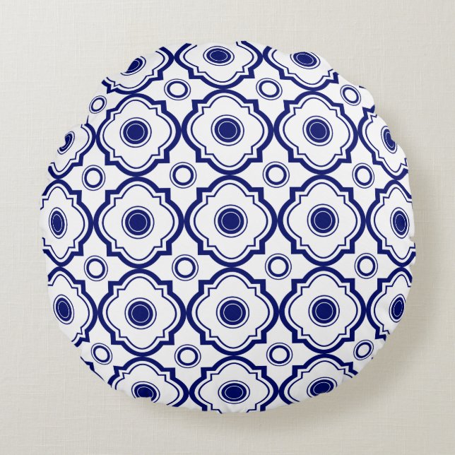 Blue Quatrefoil Round Pillow Rond Kussen (Voorkant)