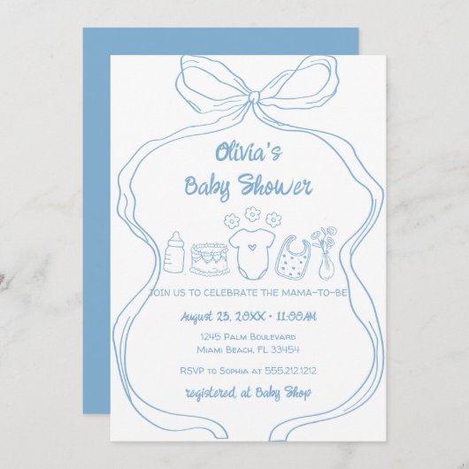 Blue Quirky Hand Drawn Wavy Bow Boy Baby shower Kaart (Voorkant / Achterkant)