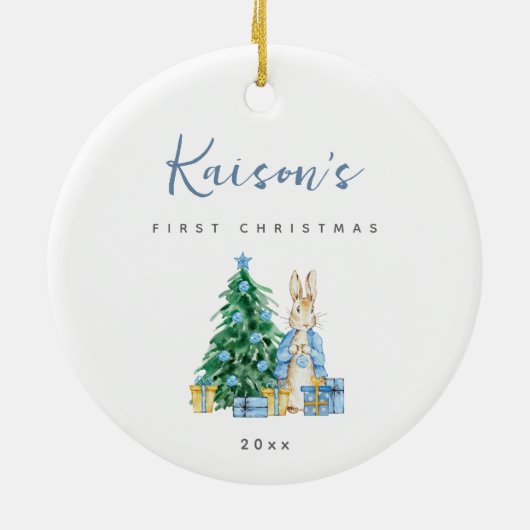 Blue Rabbit Babys Eerste Kerst Keramische Ornament (Achterkant)