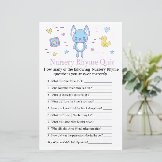 Blue Rabbit Nursery Rhyme Quiz baby shower game (Staand voorkant)