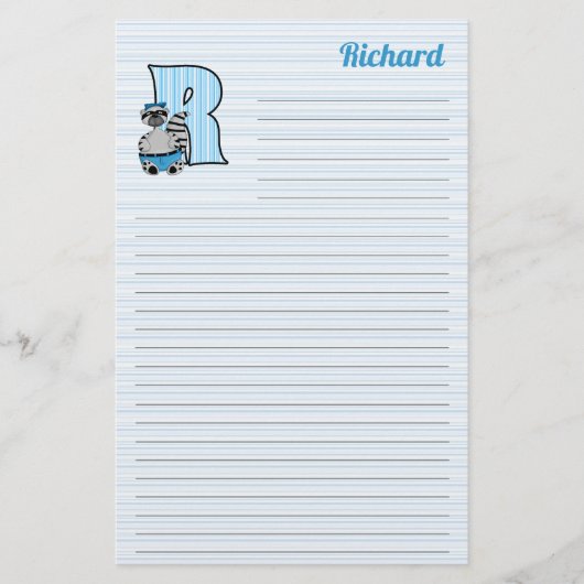 Blue Raccoon Mongram Letter R met daarin de naam v Briefpapier (Voorkant)