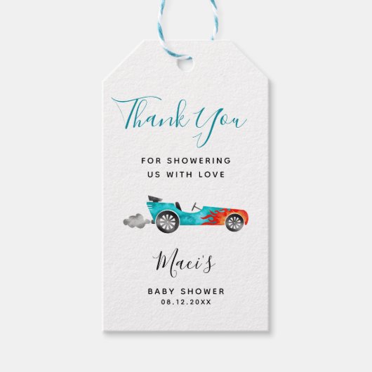 Blue Race Auto Baby shower Gift Labels Cadeaulabel (Voorkant)