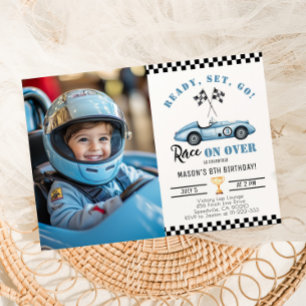 Blue Race Auto Elke leeftijd Jongen Foto Verjaarda Kaart