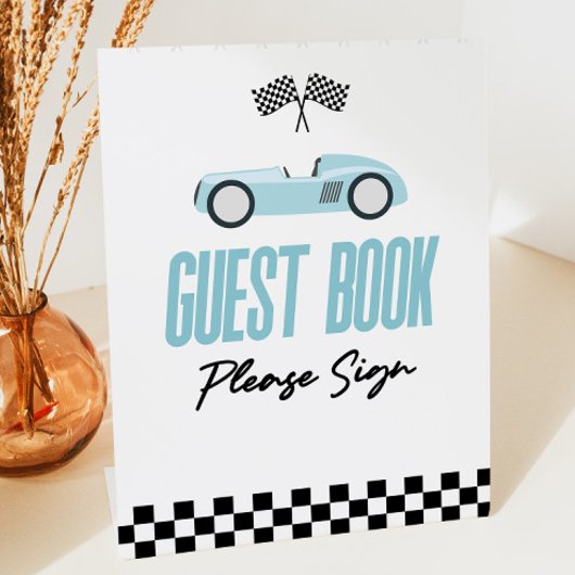 Blue Race Auto Gast Boek Party Reclamebord Met Voetstuk