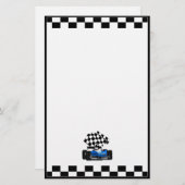 Blue Race-auto met gecheckte vlag Briefpapier (Voorkant / Achterkant)