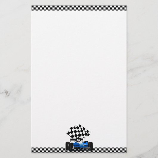Blue Race-auto met gecheckte vlag Briefpapier (Voorkant)