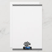 Blue Race-auto met gecheckte vlag Briefpapier (Voorkant / Achterkant)