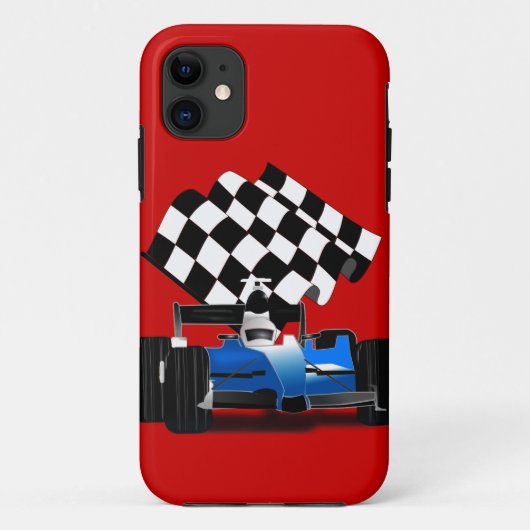 Blue Race-auto met gecheckte vlag Case-Mate iPhone Case (Achterkant)