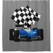 Blue Race-auto met gecheckte vlag Douchegordijn (Voorkant)