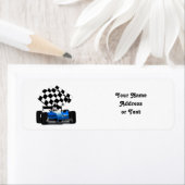 Blue Race-auto met gecheckte vlag Etiket (Insitu)
