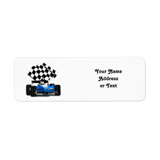 Blue Race-auto met gecheckte vlag Etiket