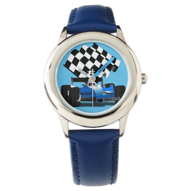 Blue Race-auto met gecheckte vlag Horloge (Voorkant)