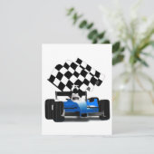 Blue Race-auto met gecheckte vlag Kaart (Staand voorkant)