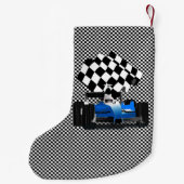 Blue Race-auto met gecheckte vlag Kleine Kerstsok (Achterkant)