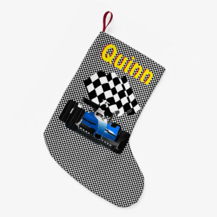 Blue Race-auto met gecheckte vlag Kleine Kerstsok