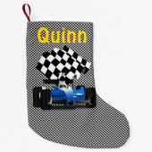 Blue Race-auto met gecheckte vlag Kleine Kerstsok (Voorkant)
