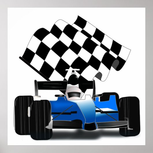 Blue Race-auto met gecheckte vlag Poster (Voorkant)