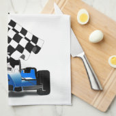 Blue Race-auto met gecheckte vlag Theedoek (Quarter Fold)