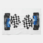 Blue Race-auto met gecheckte vlag Theedoek (Horizontaal)