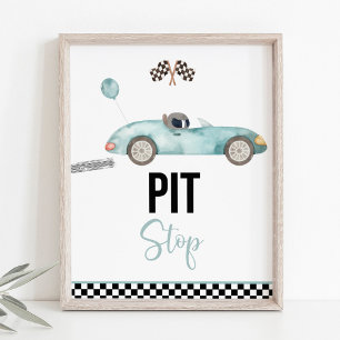 Blue Race Auto Pit Stop Verjaardagsbord Poster