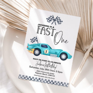 Blue Race auto SNEL EEN 1e Verjaardag waterverf Kaart