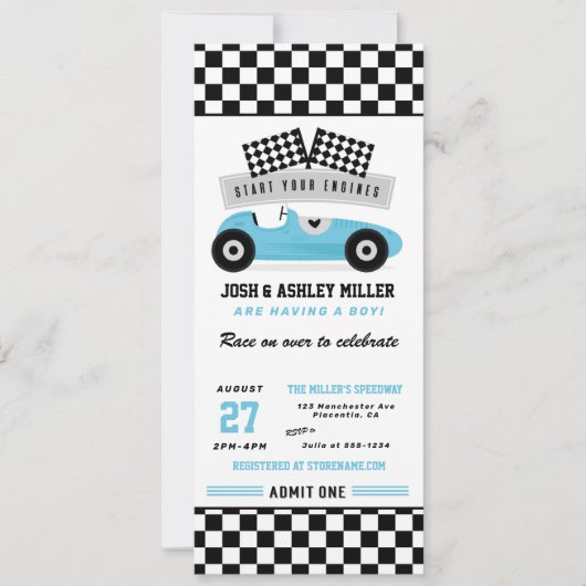 Blue Race Baby shower Ticket-uitnodiging (Voorkant)