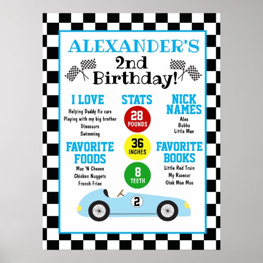 Blue Race Car 2e Anniversaire Poster du Jalon (Devant)