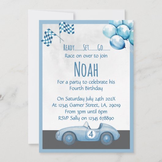 Blue Race Car 4th Birthday Party Invitation (Devant)