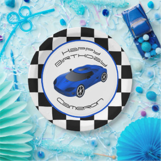 Blue Race Car | Aangepaste geboortedag Papieren Bordje