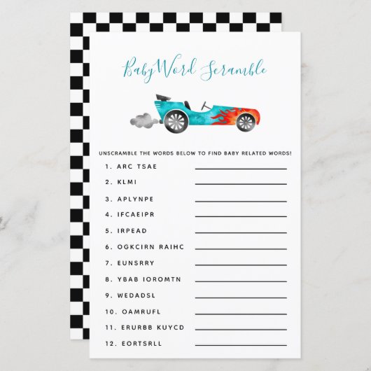Blue Race Car Baby Word Scramble Game (Voorkant / Achterkant)