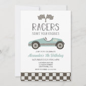 blue  Race Car Birthday Uitnodiging (Voorkant)