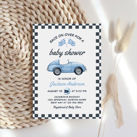 Blue Race Car Boy Baby shower Kaart