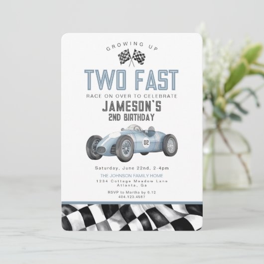 Blue Race Car Deux Fast 2nd Birthday Invitation (Debout devant)