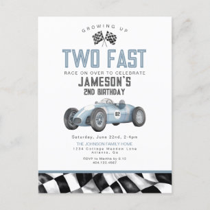 Blue Race Car Deux Fast 2nd Birthday Invitation