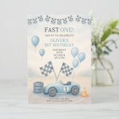 Blue Race Car First Birthday Kaart (Staand voorkant)