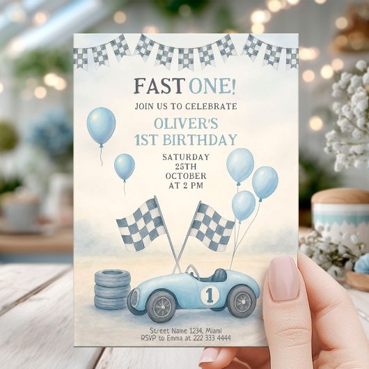 Blue Race Car First Birthday Kaart