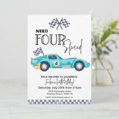 Blue Race Car, Need FOUR speed 4th Birthday  Kaart (Staand voorkant)