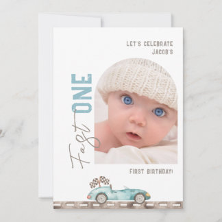 Blue Race Car Photo Birthday Invitation Kaart