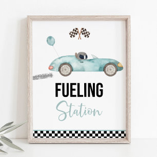 Blue Race Car tankstation Verjaardagsbord Poster