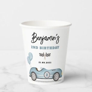 Blue Race Car Twee Fast Boy Verjaardagsfeest Papieren Bekers