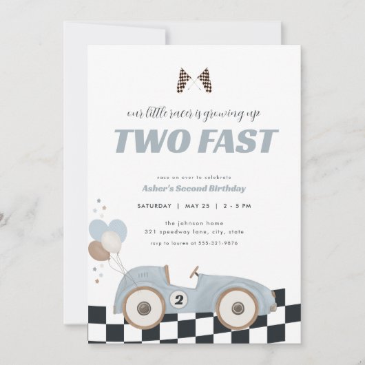 Blue Race Car Two Fast Second Birthday Invite  Kaart (Voorkant)