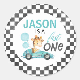 Blue Racing Car Giraffe 1e Verjaardag Ronde Sticker