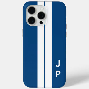 Blue Racing Car Stripes Minimal Initialen Monogram iPhone 15 Pro Max Hoesje