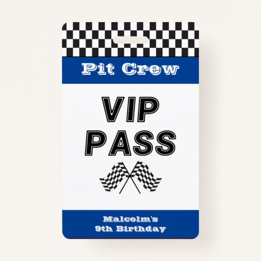 Blue Racing Party Pit Crew VIP Pass Stop Badge (Voorkant)