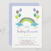 Blue Rainbow & Balloons Boy Baby shower Invitation Kaart (Voorkant / Achterkant)