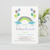 Blue Rainbow & Balloons Boy Baby shower Invitation Kaart (Staand voorkant)