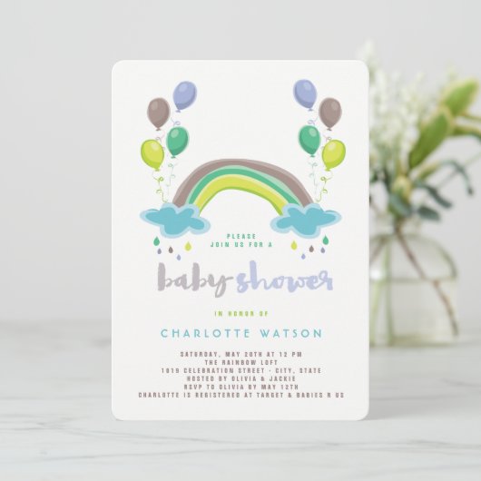 Blue Rainbow & Balloons Boy Baby shower Invitation Kaart (Staand voorkant)