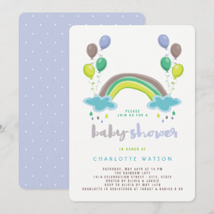 Blue Rainbow & Balloons Whimsical Boy Baby Shower Kaart
