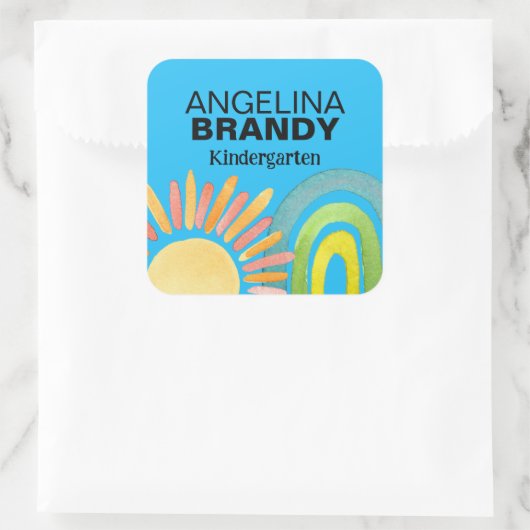 Blue Rainbow & Sun Eerste dag van de school Kinder Vierkante Sticker (Tas)